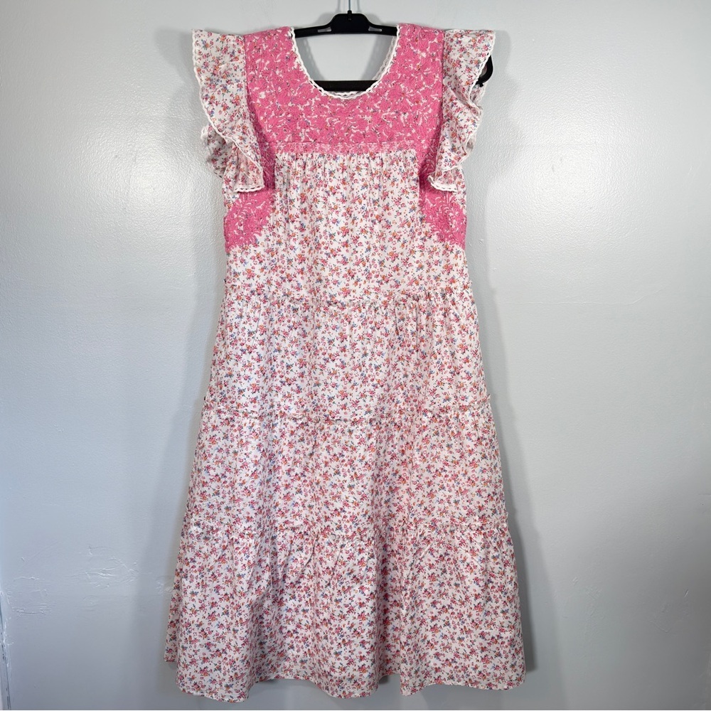 J. Marie Rosalee Pink Floral Embroidered Tiered Midi Dress NWT XS Easter